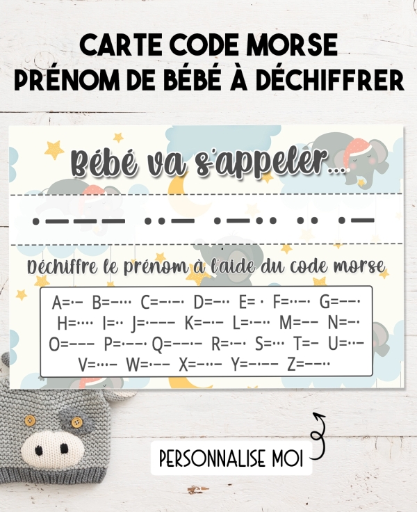 Carte pour découvrir le prénom de bébé - code morse. annonce prénom bébé