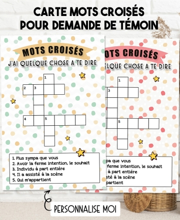 Carte mots croisés pour demande de témoin. demande témoin original. cadeau témoin. témoin décoder