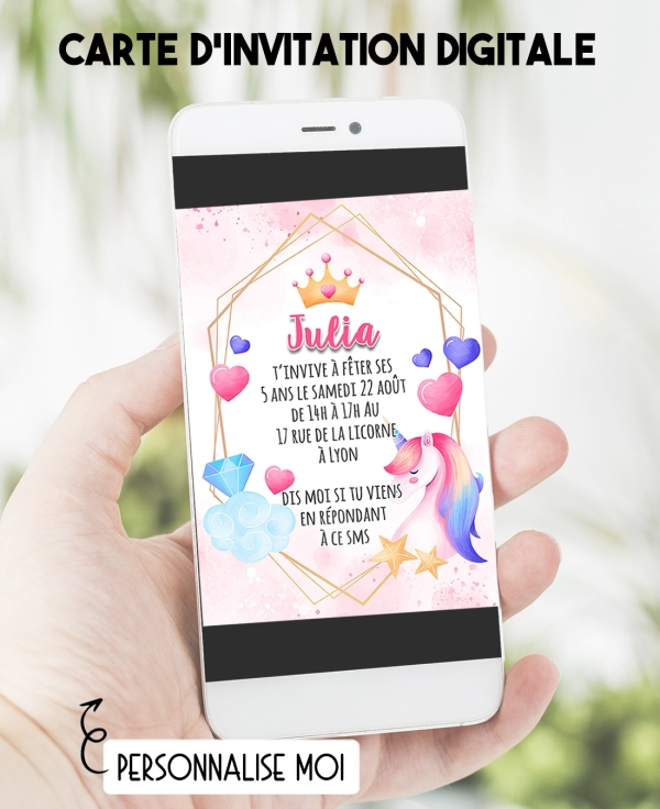 Carte d'invitation anniversaire digitale - licorne