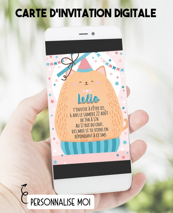 Carte d'invitation anniversaire digitale - chat
