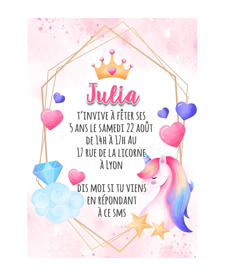 Carte d'invitation anniversaire digitale - licorne