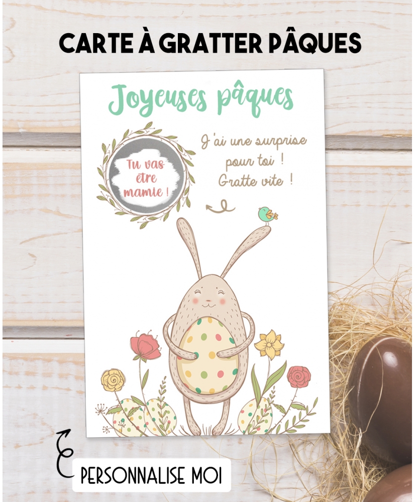 Carte à gratter "Joyeuses pâques". carte lapin pâques. carte gratter pâques