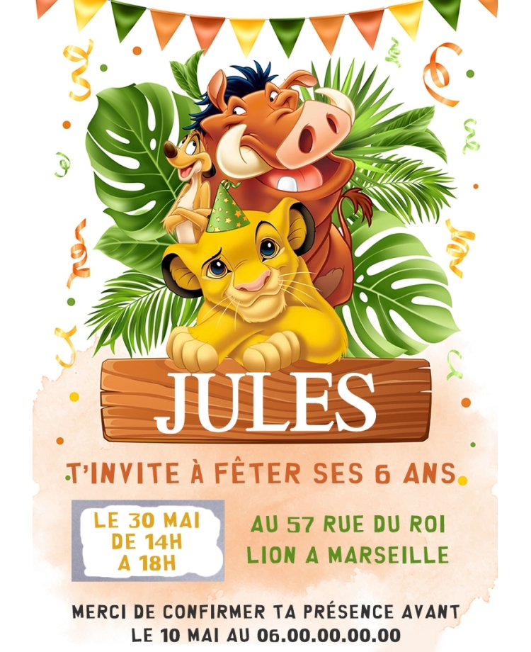 carte invitation. carte anniversaire enfant. carte Roi Lion. anniversaire Roi Lion, carte invitation gratter. Anniversaire simba