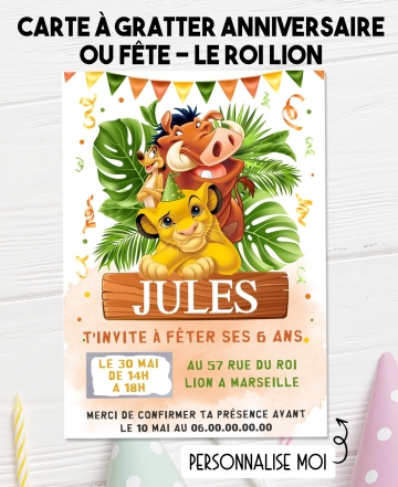 carte invitation. carte anniversaire enfant. carte Roi Lion. anniversaire Roi Lion, carte invitation gratter. Anniversaire simba