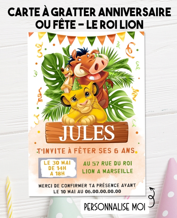 carte invitation. carte anniversaire enfant. carte Roi Lion. anniversaire Roi Lion, carte invitation gratter. Anniversaire simba