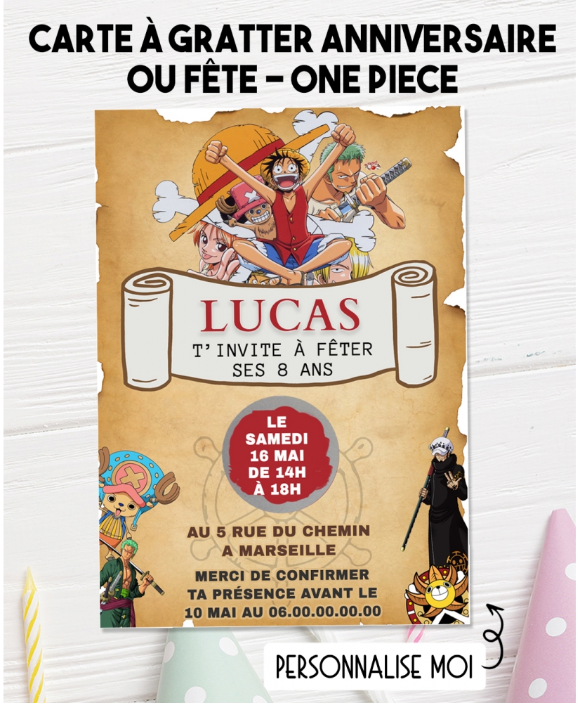 carte invitation. carte anniversaire enfant. carte One Piece. anniversaire One Piece, carte invitation gratter.