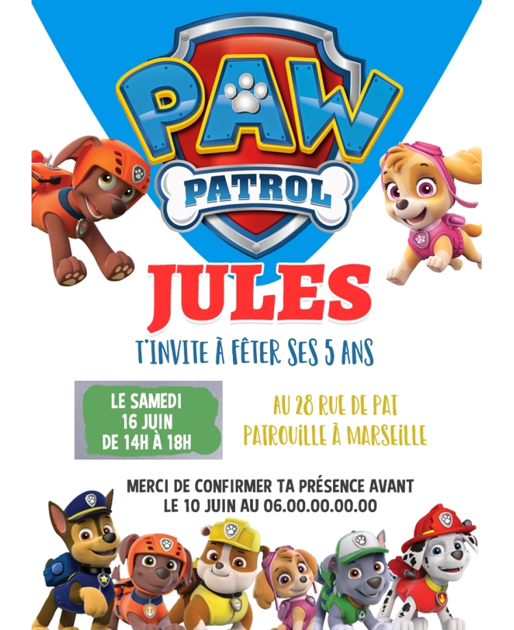 carte invitation. carte anniversaire enfant. carte Pat Patrouille. anniversaire pat Patrouille, carte invitation gratter.