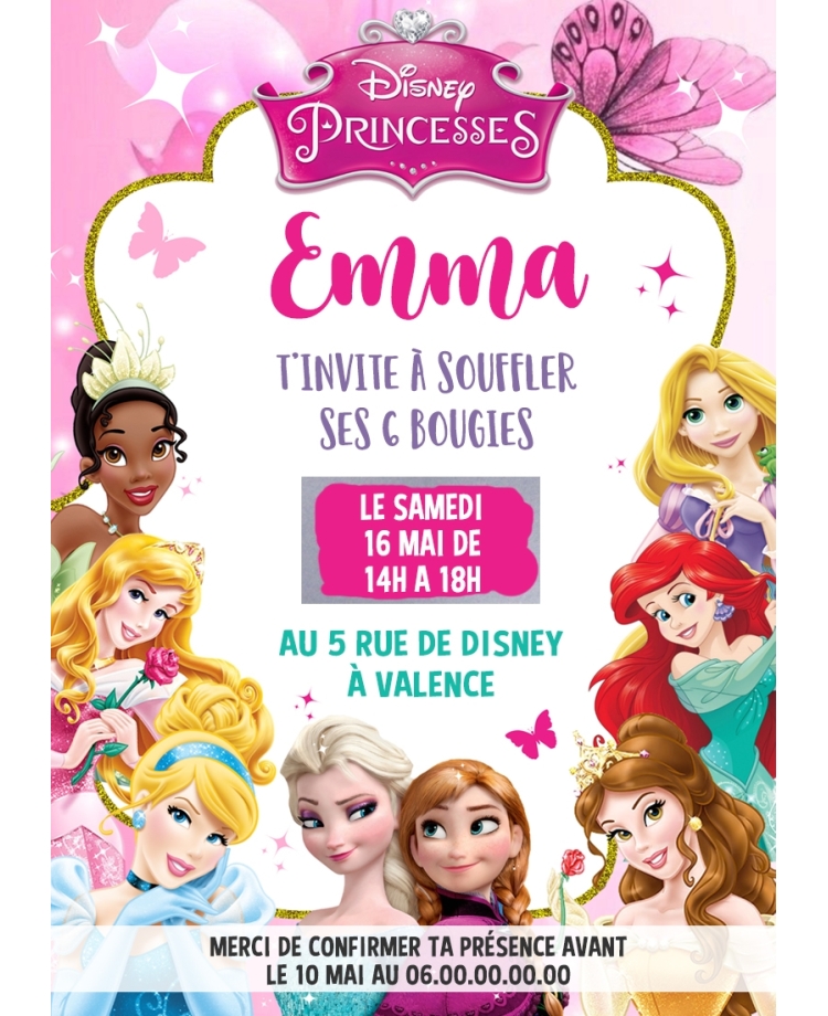 carte invitation princesse disney. carte anniversaire enfant. carte Princesse Disney. anniversaire disney