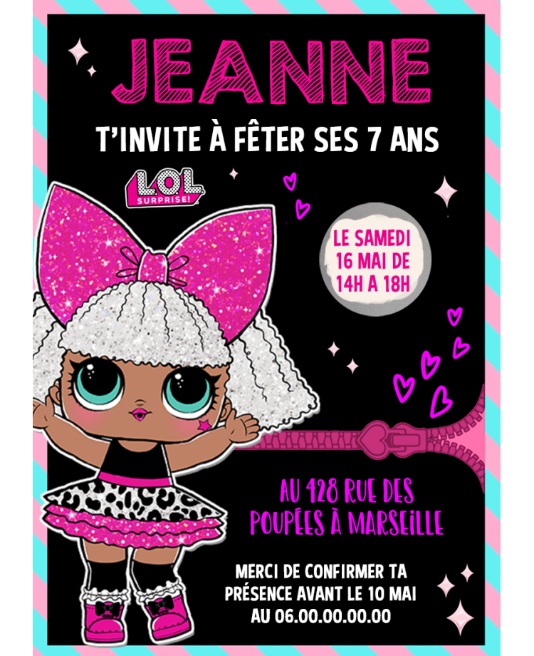 carte invitation. carte anniversaire fille. carte poupée LOL. anniversaire LOL surprise. carte invitation gratter.