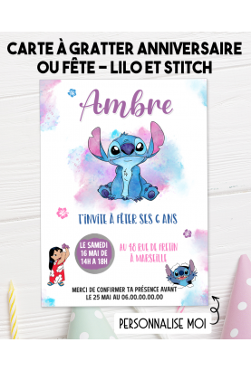 carte invitation. carte fête enfant. carte anniversaire  Lilo et Stitch. anniversaire fille. carte invitation gratter.