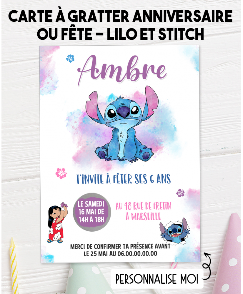 carte invitation. carte fête enfant. carte anniversaire  Lilo et Stitch. anniversaire fille. carte invitation gratter.