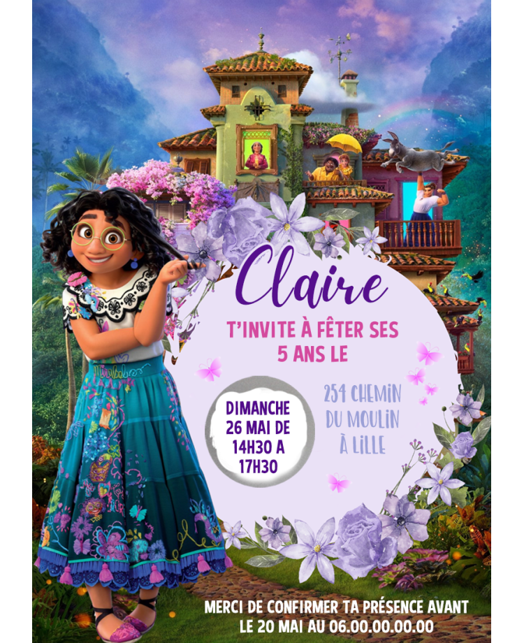 carte invitation. carte fête enfant. carte anniversaire  Encanto. anniversaire fille. carte invitation gratter.