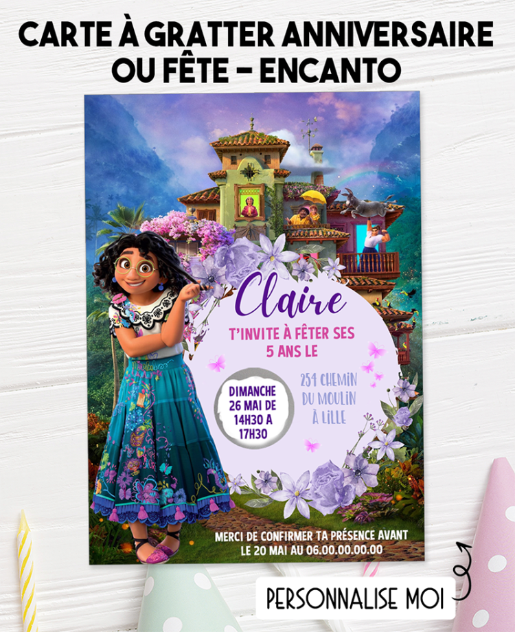 carte invitation. carte fête enfant. carte anniversaire  Encanto. anniversaire fille. carte invitation gratter.