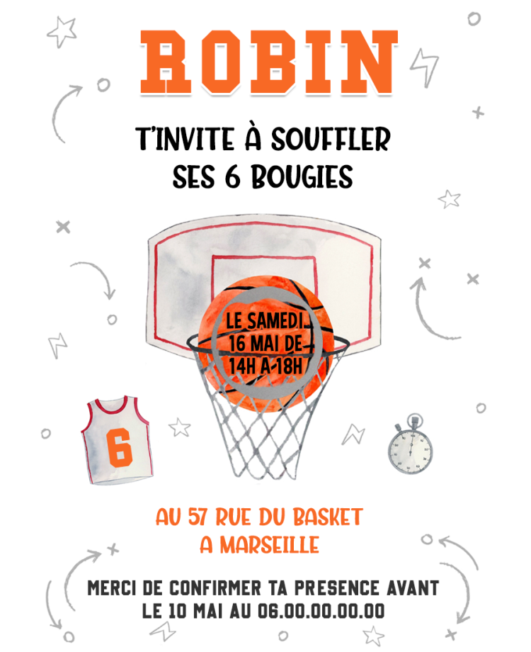 carte invitation. carte anniversaire enfant. carte Basket. anniversaire Basket ball, carte invitation gratter.