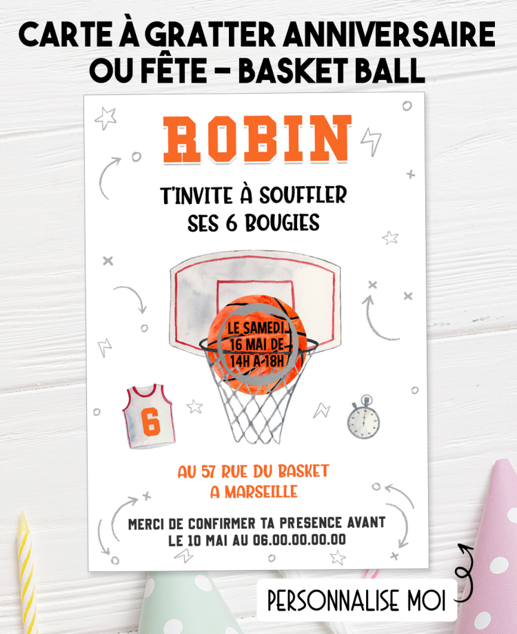 carte invitation. carte anniversaire enfant. carte Basket. anniversaire Basket ball, carte invitation gratter.