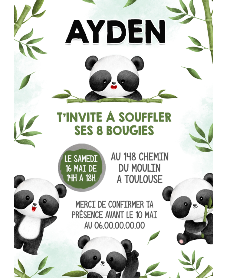 carte invitation. carte anniversaire enfant. carte panda. anniversaire panda, carte invitation gratter.
