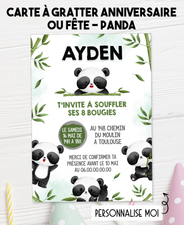 carte invitation. carte anniversaire enfant. carte panda. anniversaire panda, carte invitation gratter.