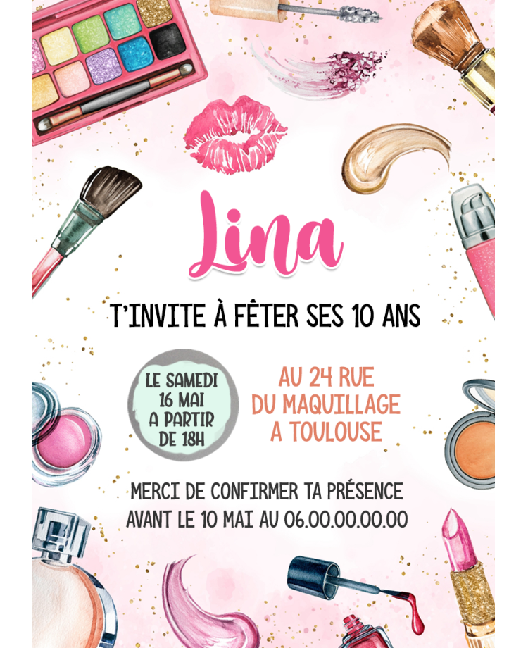 carte invitation. carte fête maquillage. carte anniversaire maquillage. anniversaire fille. carte invitation gratter.