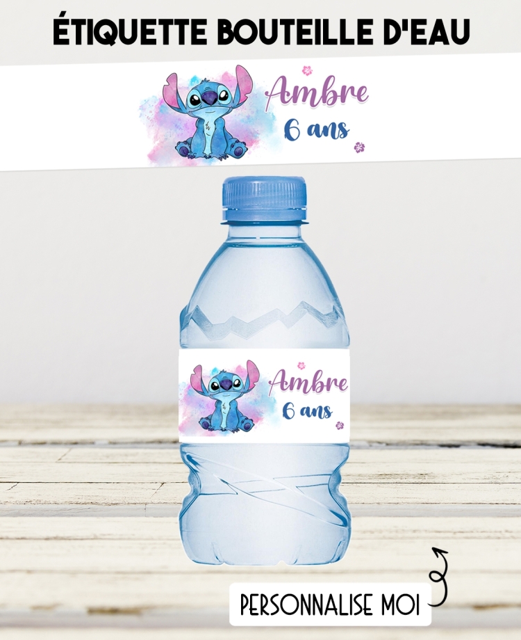 etiquette autocollante. etiquette Stitch. étiquette bouteille eau. étiquette personnalisé.