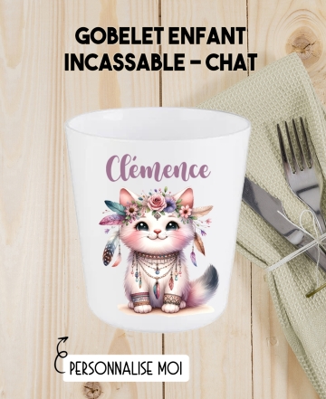 Gobelet enfant personnalisé en plastique chat boho. verre plastique prénom. verre enfant personnalisé. gobelet chat plastique.