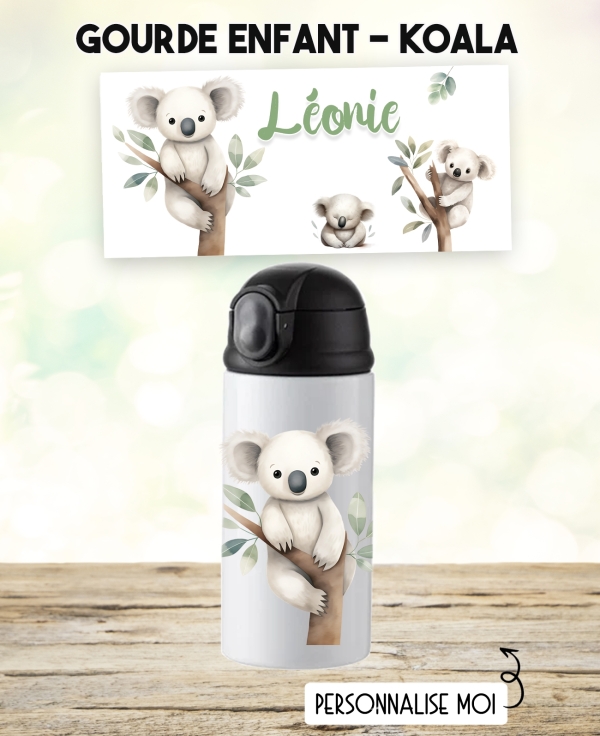 gourde koala. gourde enfant personnalisé. gourde garçon. gourde enfant prénom. bouteilles enfants