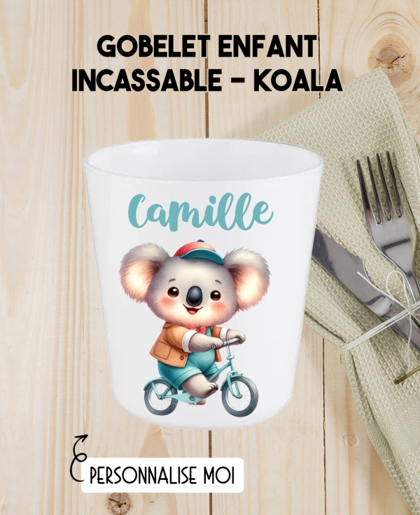 Gobelet enfant personnalisé en plastique koala. verre plastique prénom. verre enfant pirate personnalisé. gobelet plastique.