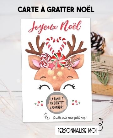 Carte à gratter Renne pour annonce ou demande originale - noël. carte annonce noël. carte surprise noël. carte cadeau noël