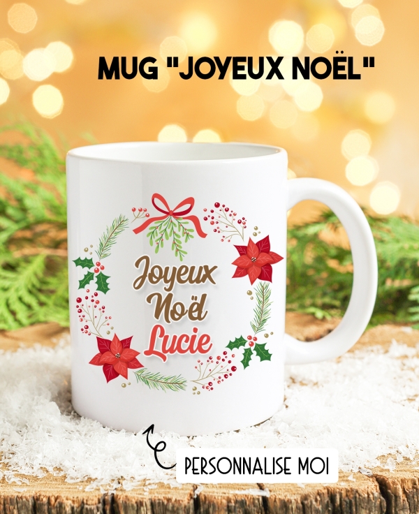 Mug Joyeux Noël personnalisable - Couronne de Noël. mug Noël. cadeau Noël. surprise Noël