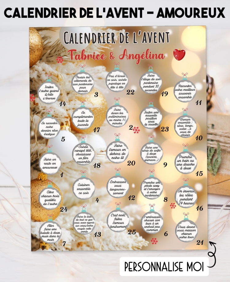 Calendrier de l’avent à gratter pour amoureux. cadeau personnaliser calendrier noël. calendrier avent couple