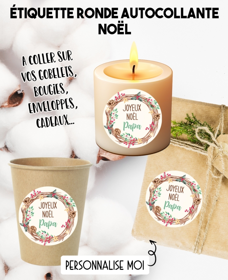 Étiquette autocollante Noël couronne. étiquette gobelet. étiquette cadeau Noël. étiquette personnalisé Noël