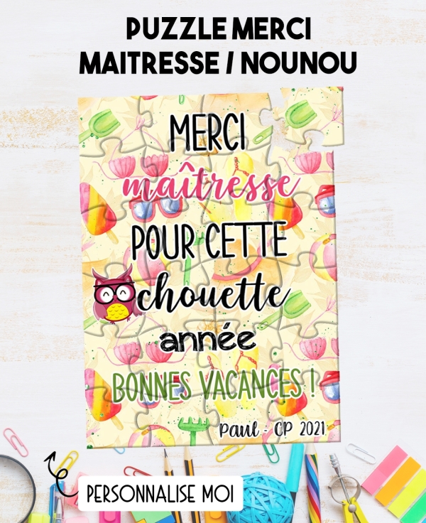 Puzzle "Bonnes vacances" pour maîtresse, maître, ATSEM, nounou etc. puzzle maitresse. merci maitresse