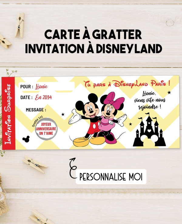 Carte à gratter. carte disneyland. carte gratter disneyland. invitation disneyland. voyage à eurodisney