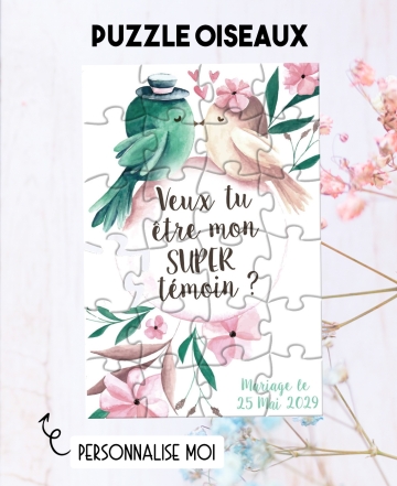 Puzzle oiseaux avec texte personnalisable. puzzle témoin. puzzle témoin mariage. annonce témoin mariage