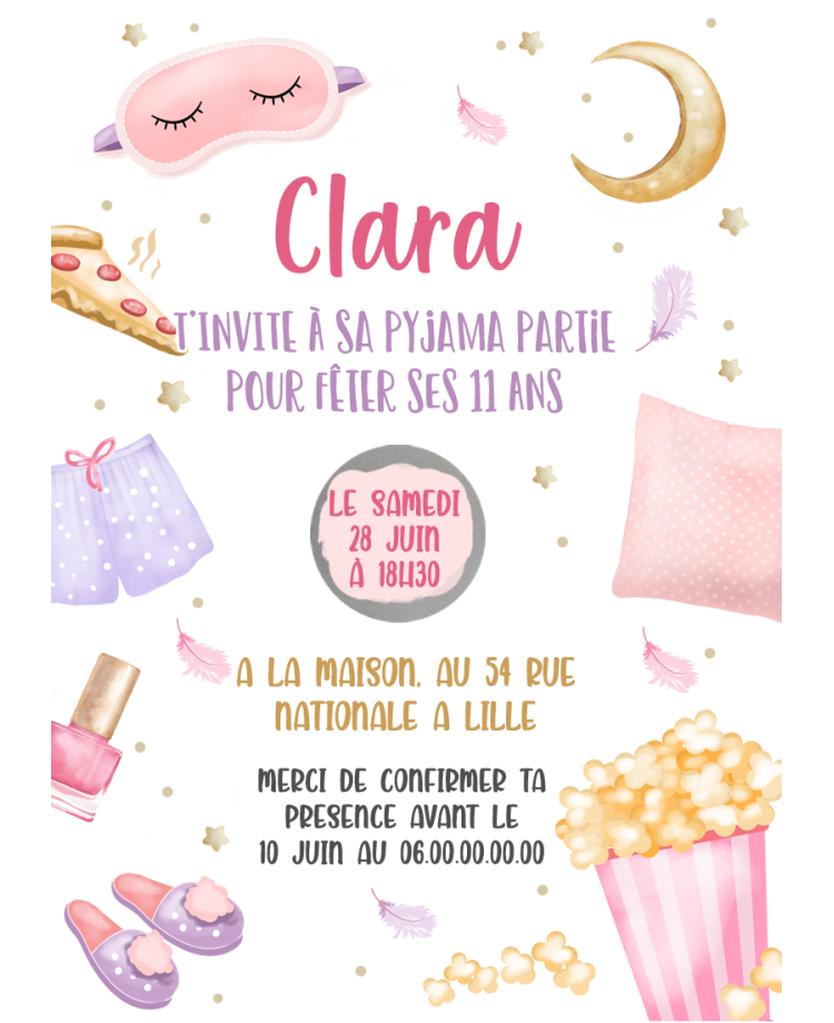carte invitation. carte fête pyjama partie. carte anniversaire pyjama partie. anniversaire fille. carte invitation gratter.