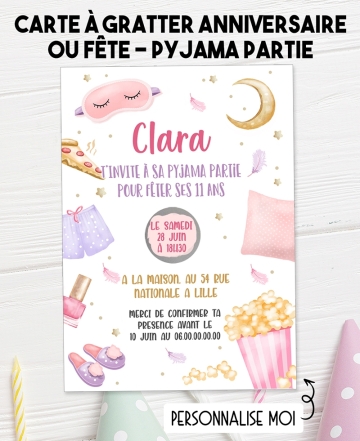 invitation anniversaire, pyjama party, carte à gratter, fête enfant, invitation originale, anniversaire fun