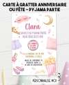 carte invitation. carte fête pyjama partie. carte anniversaire pyjama partie. anniversaire fille. carte invitation gratter.