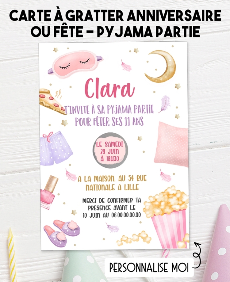 invitation anniversaire, pyjama party, carte à gratter, fête enfant, invitation originale, anniversaire fun