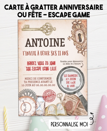 carte invitation. carte fête escape game. carte anniversaire escape game. anniversaire garçon. carte invitation gratter.