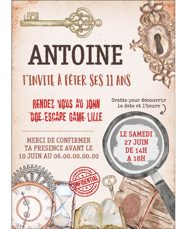 carte invitation. carte fête escape game. carte anniversaire escape game. anniversaire garçon. carte invitation gratter.