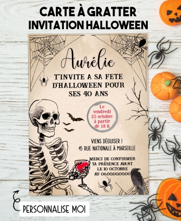 carte halloween party. carte fête halloween. carte gratter halloween. carte halloween squelette