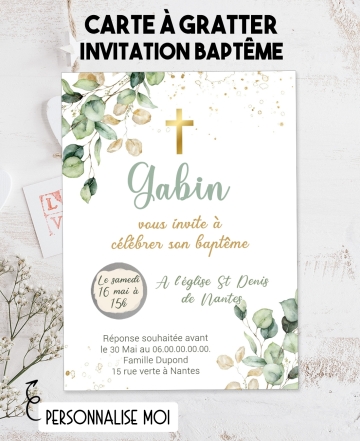 carte invitation. carte baptême. carte religion enfant. carte baptême. bapteme eucalyptus. carte invitation gratter.