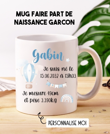 Mug faire part de naissance garçon. mug naissance. mug garçon. faire part naissance garçon originale