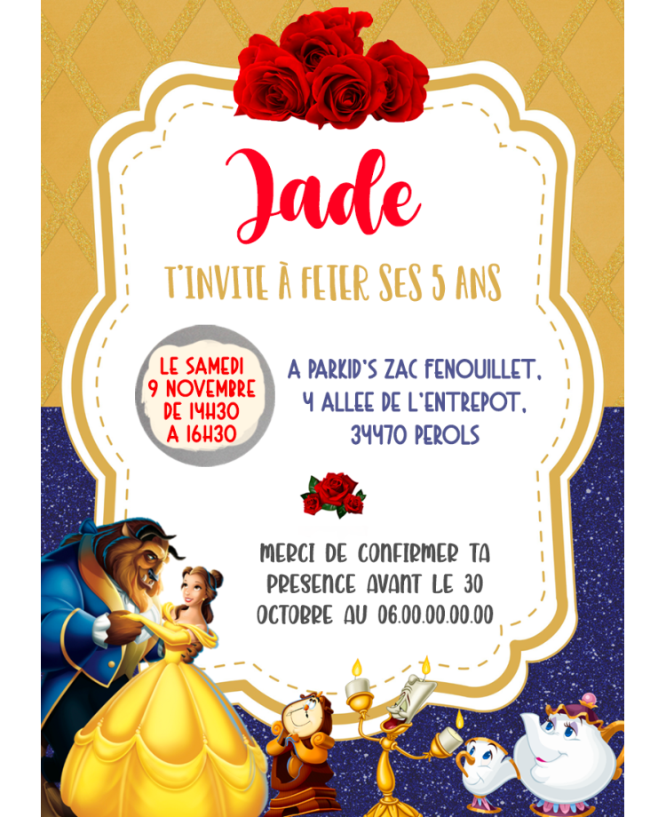 carte invitation. carte fête belle et la bête. carte anniversaire belle et la bête. anniversaire fille.