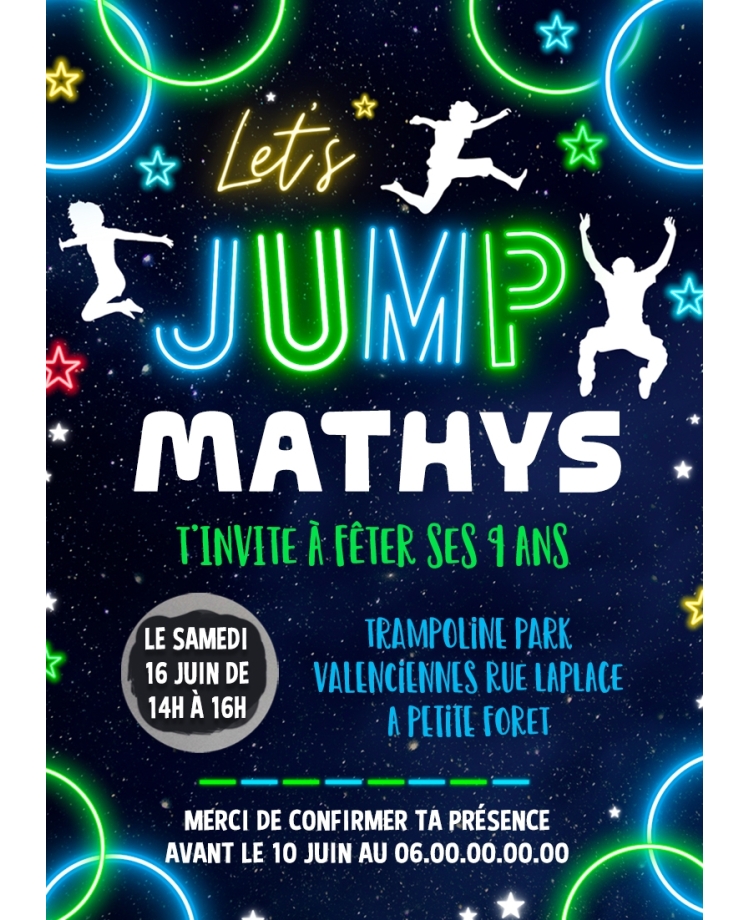 carte invitation. carte fête jump garçon. carte anniversaire jump. anniversaire garçon.
