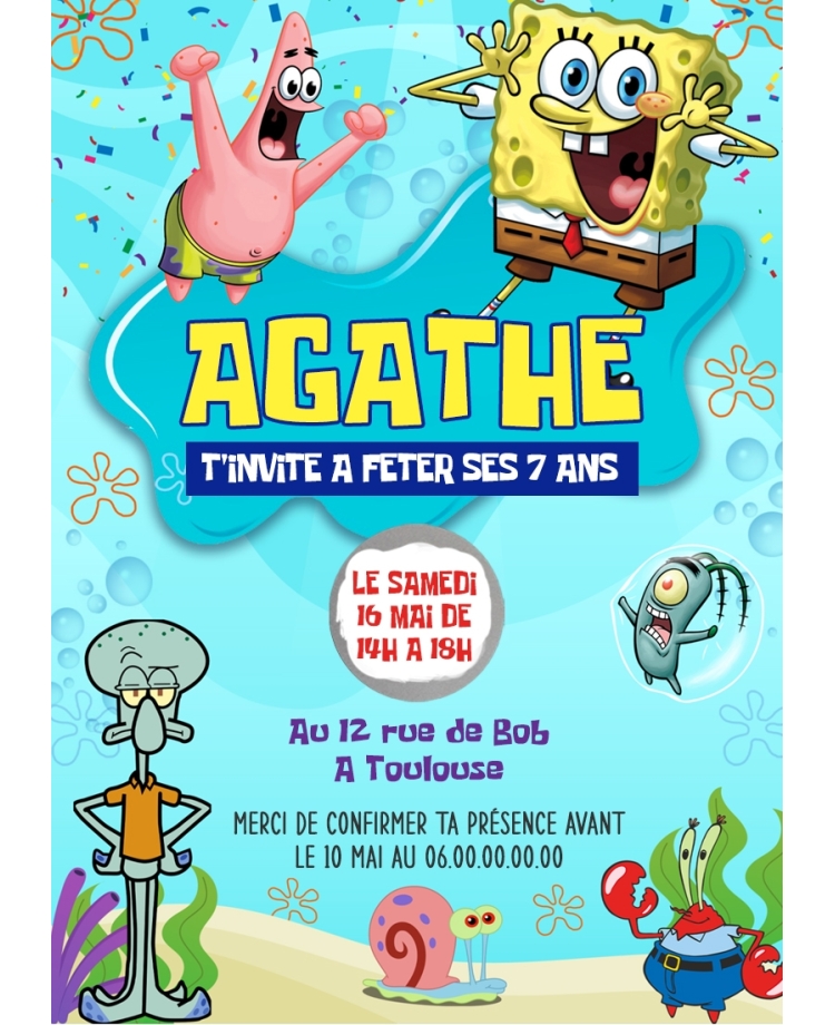 carte invitation. carte fête Bob l'éponge. carte anniversaire Bob l'éponge. anniversaire patrick étoile de mer.