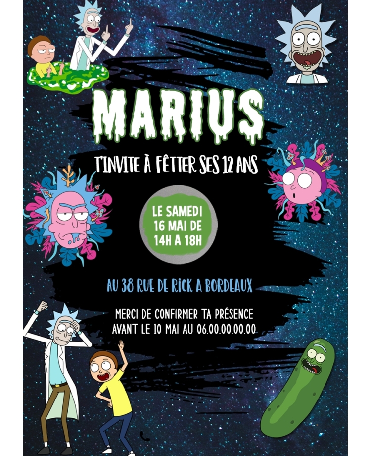 carte invitation. carte fête Rick et Morty. carte anniversaire Rick et Morty. anniversaire.