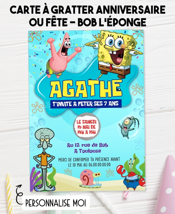 carte invitation. carte fête Bob l'éponge. carte anniversaire Bob l'éponge. anniversaire patrick étoile de mer.