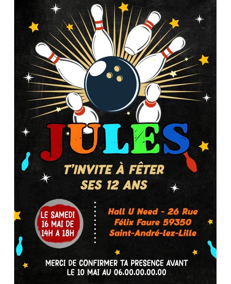 carte invitation. carte fête Bowling. carte anniversaire Bowling. anniversaire. invitation fete Bowling