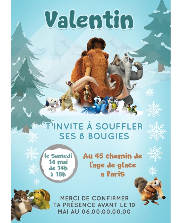 carte invitation enfant. carte fête  l'âge de glace. carte anniversaire l'âge de glace. anniversaire enfant invitation
