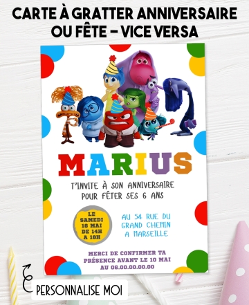 invitation anniversaire, carte à gratter, thème Vice Versa, fête enfant, invitation originale, anniversaire enfant